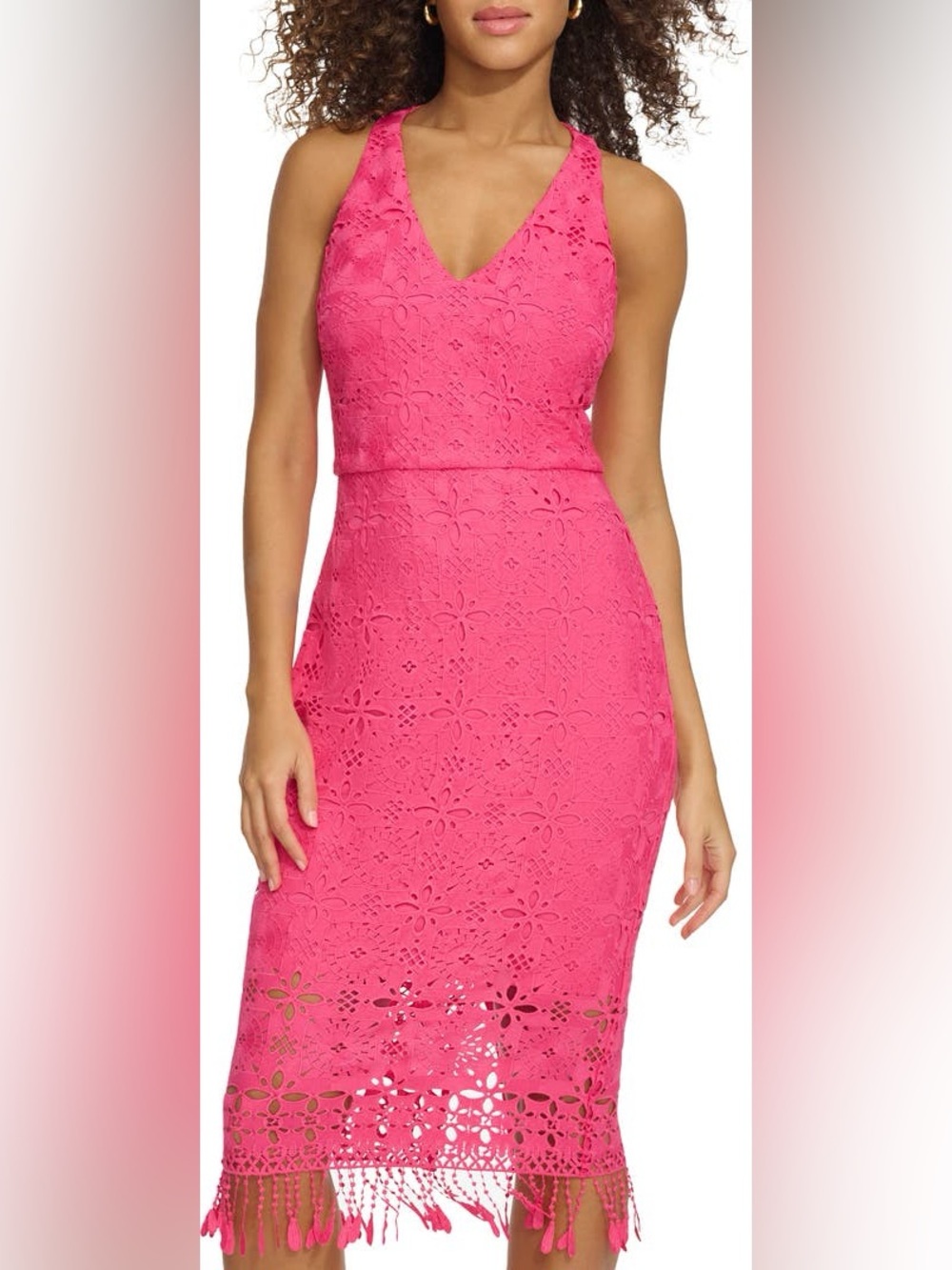 Sleeveless Fuchsia Lace Midi Dress with Fringe Hem